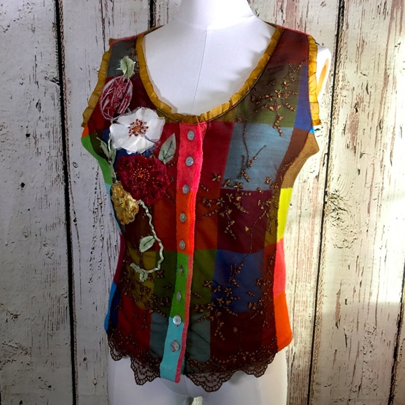 Oilily Other - Oilily Vest Patchwork Color Block Embroidery Embellishment SIZE SMALL Floral EUC